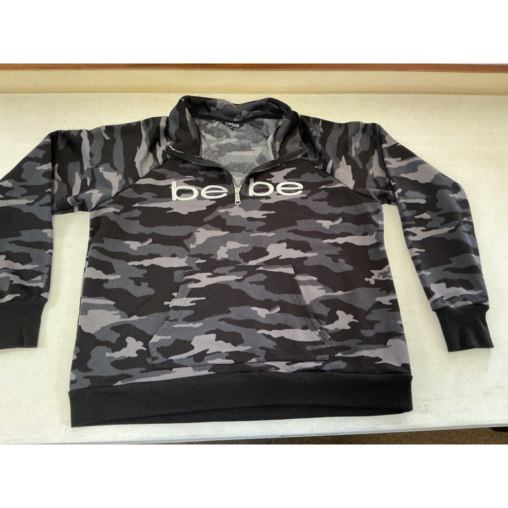 Bebe Sport Womens 2X Camo Quarter Zip Pullover Sweatshirt Grey Black Camouflage